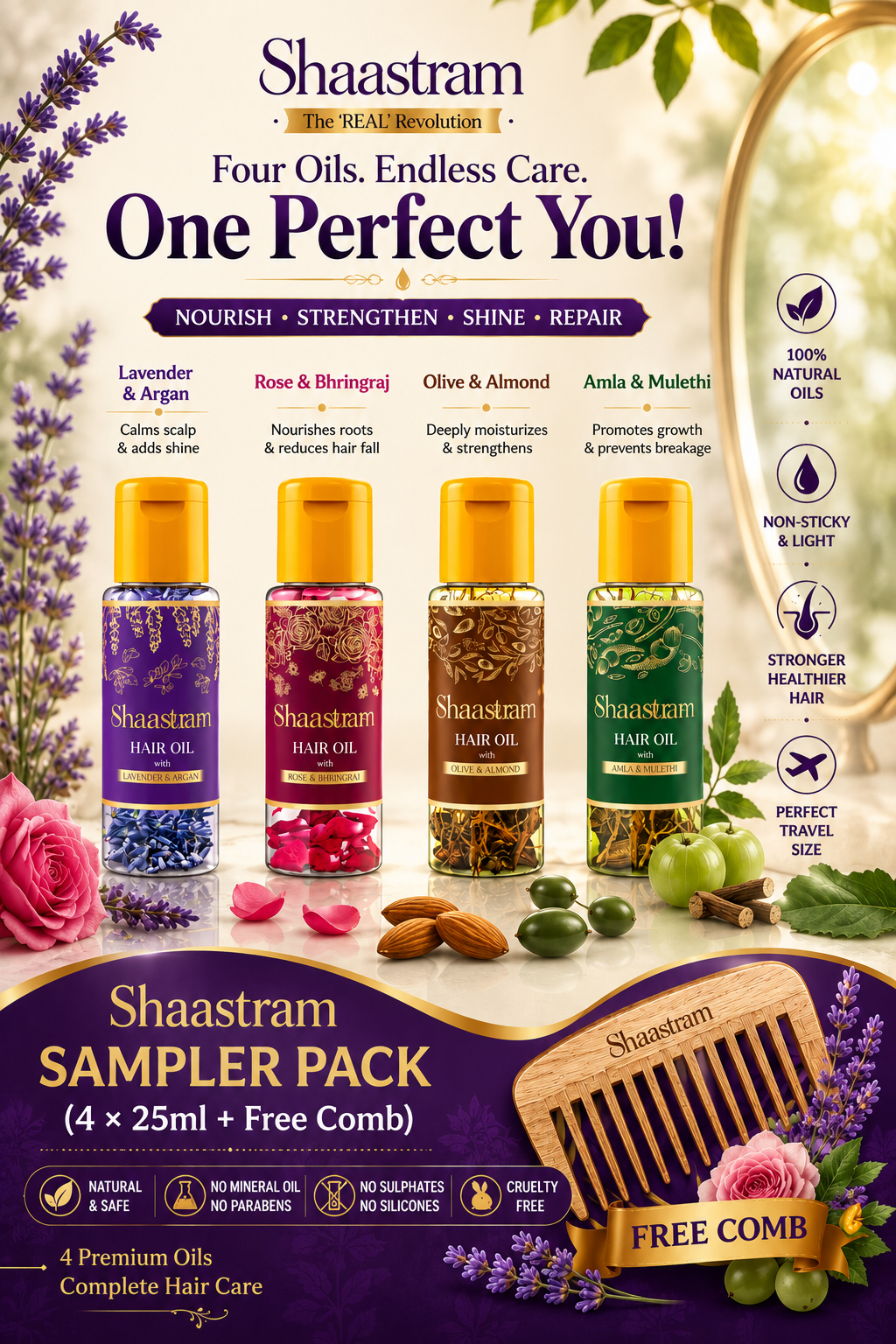 Shaastram Sampler Pack (4 × 25ml + Free Comb)