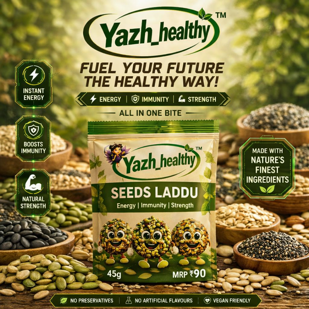 Yazh_Healthy Seeds Laddu packaging with ingredients in the background