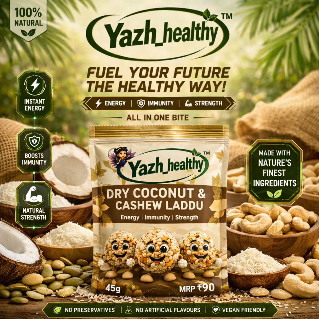 Yazh_healthy dry coconut & cashew laddu packaging with ingredients and promotional text.