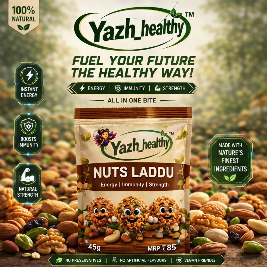 Yazh_healthy Nuts Laddu packaging with ingredients in the background