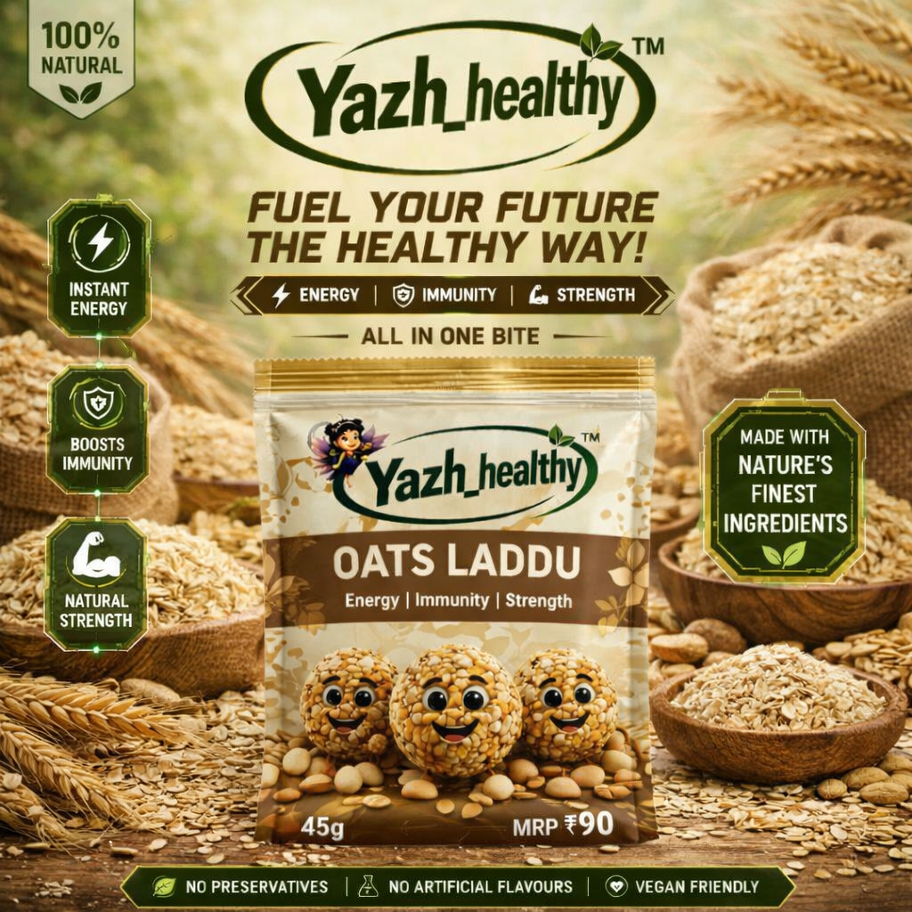 Yazh_healthy Oats Laddu packaging with branding and product details on a rustic background.